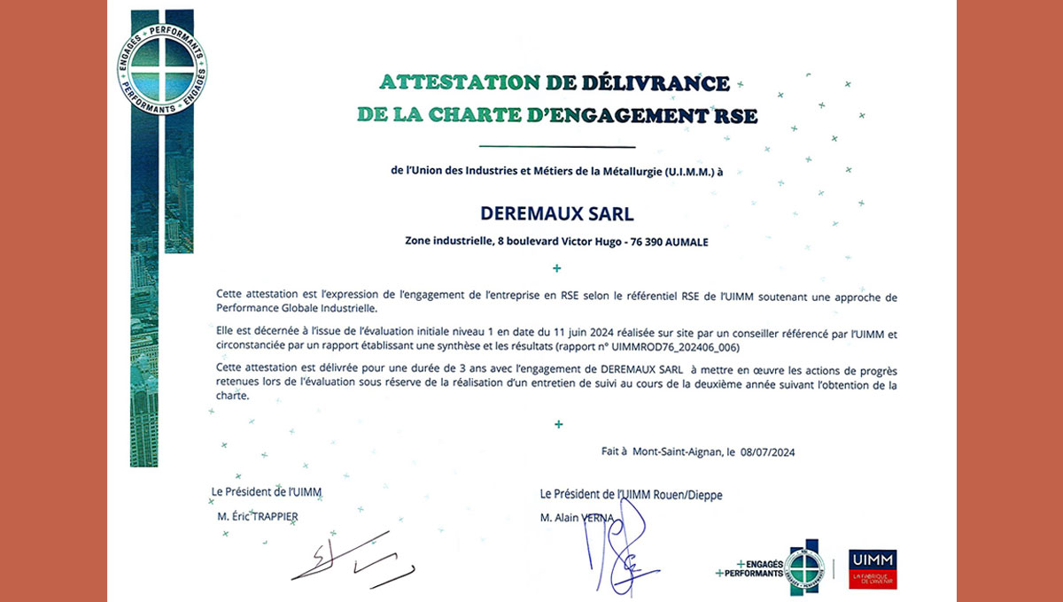 Charte d'Engagement RSE de l'UIMM attribuée à Deremaux SARL